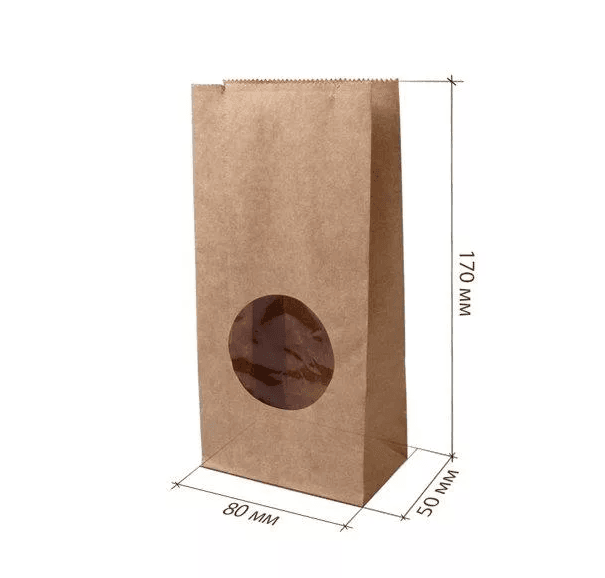 Пакет бумажный 80*50*170 КРАФТ, с окном, П-дно ECO BAG RWind